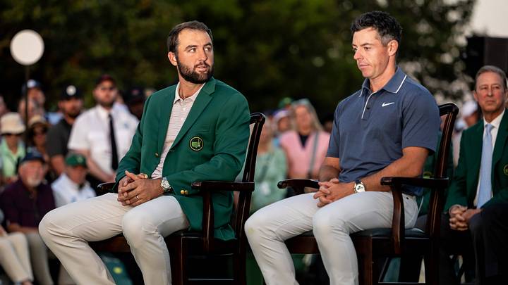Masters champion Scottie Scheffler of the United States and Masters champion Rory McIlroy of Northern Ireland during the Green Jacket Presentation Ceremony after the final round of the 2025 Masters Golf Tournament on April 13, 2025 in Augusta. Masters champion Scottie Scheffler of the United States and Masters champion Rory McIlroy of Northern Ireland during the Green Jacket Presentation Ceremony after the final round of the 2025 Masters Golf Tournament on April 13, 2025 in Augusta.