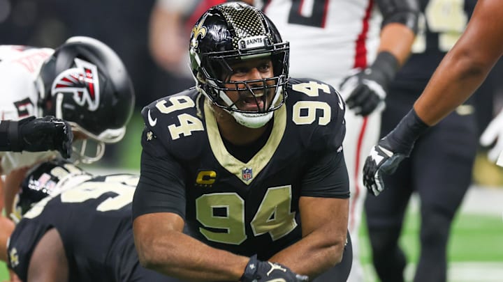 New Orleans Saints defensive end Cameron Jordan reacts after forcing a fumble against the Atlanta Falcons.