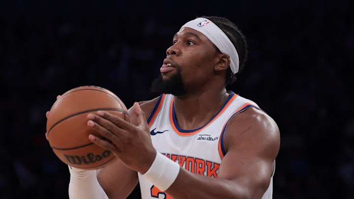 Oct 17, 2025; New York, New York, USA; New York Knicks forward Guerschon Yabusele (28) shoots the ball during the second half against the Charlotte Hornets at Madison Square Garden.
