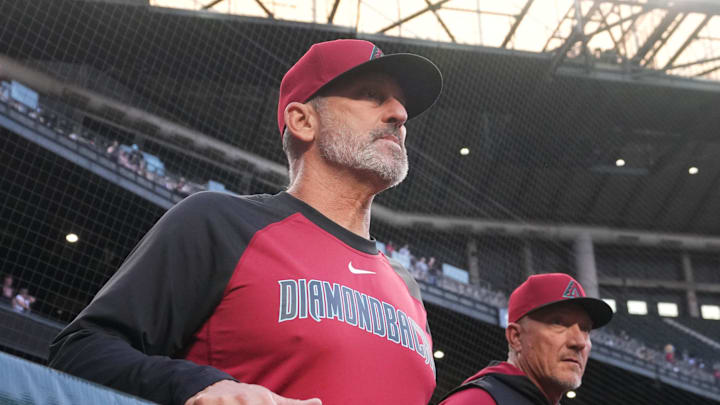 Arizona Diamondbacks manager Torey Lovullo looks out onto the field before they take on the Baltimore Orioles at Chase Field in Phoenix on April 8, 2025. Arizona Diamondbacks manager Torey Lovullo looks out onto the field before they take on the Baltimore Orioles at Chase Field in Phoenix on April 8, 2025.