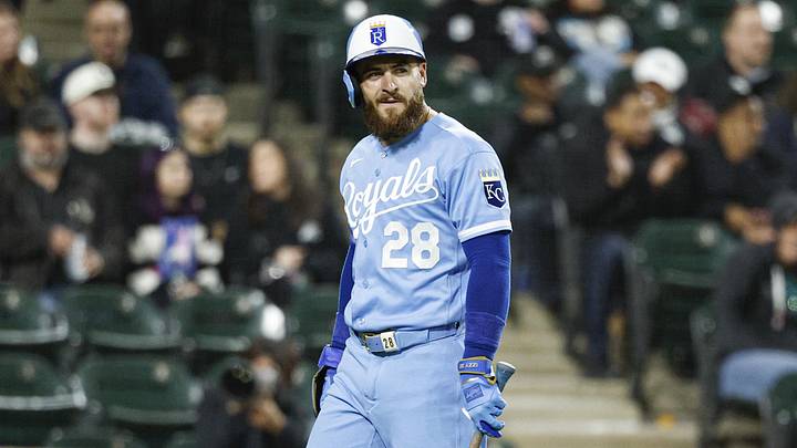 May 14, 2026; Chicago, Illinois, USA; Kansas City Royals center fielder Kyle Isbel (28) reacts after striking out against the Chicago White Sox during the ninth inning at Rate Field. Mandatory Credit: Kamil Krzaczynski-Imagn Images May 14, 2026; Chicago, Illinois, USA; Kansas City Royals center fielder Kyle Isbel (28) reacts after striking out against the Chicago White Sox during the ninth inning at Rate Field. Mandatory Credit: Kamil Krzaczynski-Imagn Images