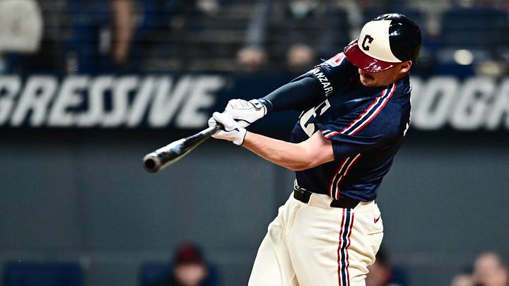 Aug 29, 2025; Cleveland, Ohio, USA; Cleveland Guardians designated hitter Kyle Manzardo (9) hits a home run against the Seattle Mariners during the sixth inning at Progressive Field. Mandatory Credit: Ken Blaze-Imagn Images