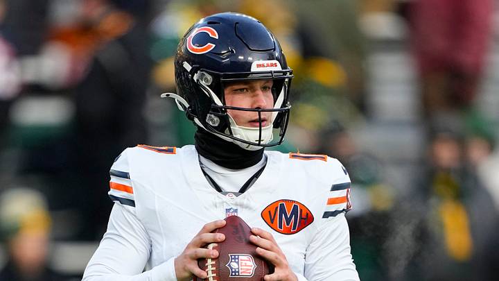 Dec 7, 2025; Green Bay, Wisconsin, USA;  Chicago Bears quarterback Tyson Bagent (17) during warmups prior to the game against the Green Bay Packers at Lambeau Field. Mandatory Credit: Jeff Hanisch-Imagn Images