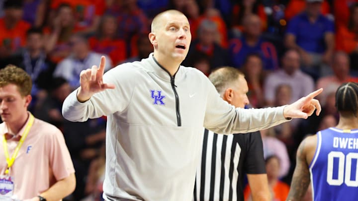 Kentucky head coach Mark Pope reacts during the second half of a NCAA mens basketball game at Steven C. O'Connell Center Exactek arena in Gainesville, FL on Saturday, February 14, 2026. [Alan Youngblood/Gainesville Sun]