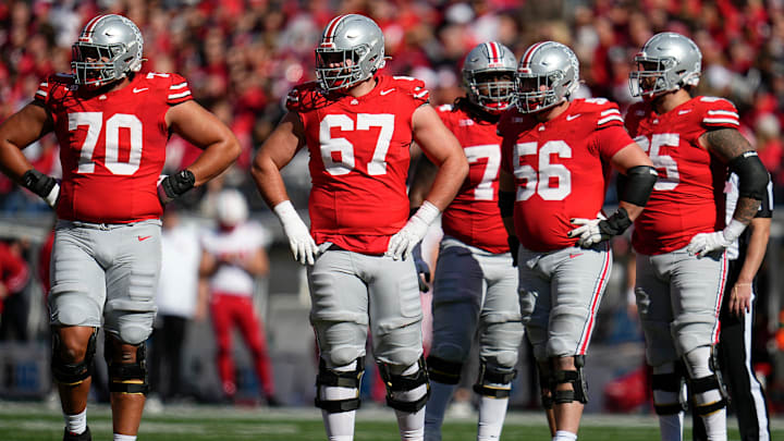 The Ohio State Buckeyes offensive line waits for the play call during the first half of the NCAA football game against the Nebraska Cornhuskers at Ohio Stadium in Columbus on Saturday, Oct. 26, 2024.