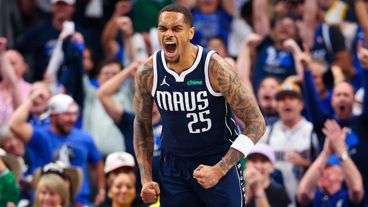 May 11, 2024; Dallas, Texas, USA; Dallas Mavericks forward P.J. Washington (25) reacts after dunking during the second half against the Oklahoma City Thunder during game three of the second round for the 2024 NBA playoffs at American Airlines Center. Mandatory Credit: Kevin Jairaj-Imagn Images