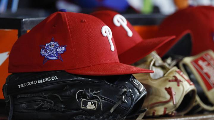 May 2, 2026; Miami, Florida, USA; Philadelphia Phillies starting hats and gloves sit on the bench against the Miami Marlins during the fifth inning at loanDepot Park. May 2, 2026; Miami, Florida, USA; Philadelphia Phillies starting hats and gloves sit on the bench against the Miami Marlins during the fifth inning at loanDepot Park.