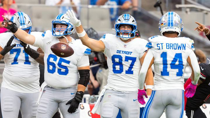 Detroit Lions tight end Sam LaPorta (87) celebrates a catch with Amon-Ra St. Brown (14) Detroit Lions tight end Sam LaPorta (87) celebrates a catch with Amon-Ra St. Brown (14)
