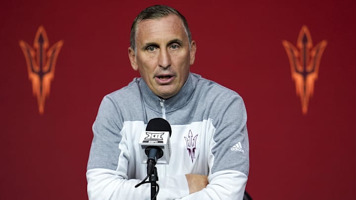 Oct 23, 2024; Kansas City, MO, USA; Arizona State Sun Devils head coach Bobby Hurley talks to media during the Big 12 Men’s Basketball Media Day at T-Mobile Center. Mandatory Credit: Jay Biggerstaff-Imagn Images Oct 23, 2024; Kansas City, MO, USA; Arizona State Sun Devils head coach Bobby Hurley talks to media during the Big 12 Men’s Basketball Media Day at T-Mobile Center. Mandatory Credit: Jay Biggerstaff-Imagn Images