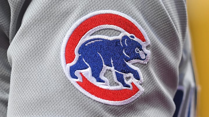 Jun 10, 2025; Philadelphia, Pennsylvania, USA; Chicago Cubs logo on the jersey of third base Matt Shaw (6) against the Philadelphia Phillies at Citizens Bank Park. Mandatory Credit: Eric Hartline-Imagn Images