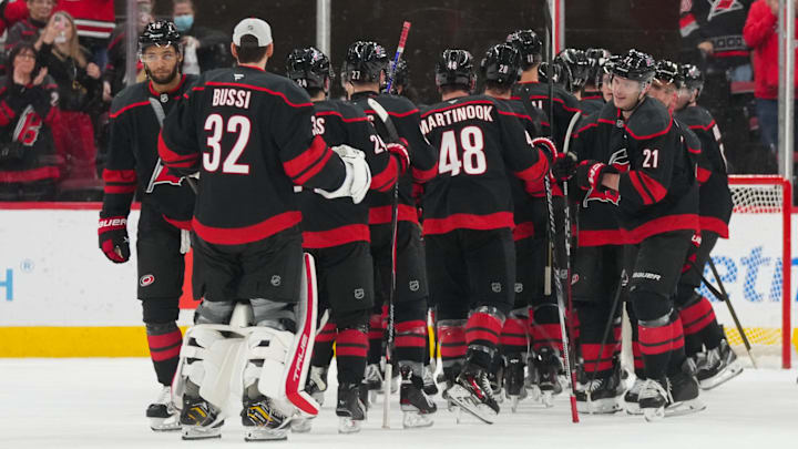 Jan 8, 2026; Raleigh, North Carolina, USA; Carolina Hurricanes players celebrate their victory against the Anaheim Ducks at Lenovo Center. Mandatory Credit: James Guillory-Imagn Images Jan 8, 2026; Raleigh, North Carolina, USA; Carolina Hurricanes players celebrate their victory against the Anaheim Ducks at Lenovo Center. Mandatory Credit: James Guillory-Imagn Images