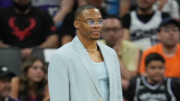 Apr 5, 2026; Sacramento, California, USA; Sacramento Kings guard Russell Westbrook (center) stands on the court during the fourth quarter against the LA Clippers at Golden 1 Center. Mandatory Credit: Darren Yamashita-Imagn Images