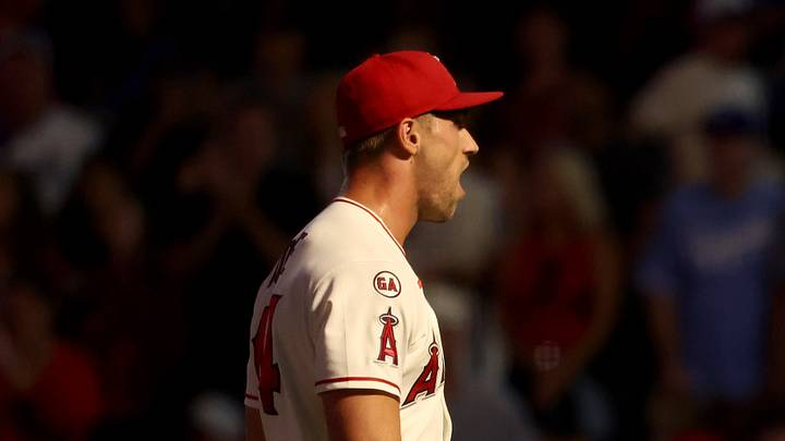 Aug 15, 2026; Anaheim, California, USA;  Los Angeles Angels pitcher Ben Joyce (44) reacts after recording the final out of the game during the ninth inning against the Kansas City Royals at Angel Stadium. Mandatory Credit: Kiyoshi Mio-Imagn Images