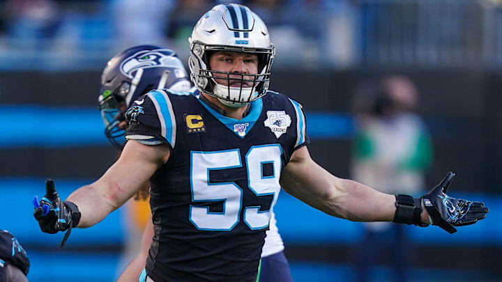 Dec 15, 2019; Charlotte, NC, USA; Carolina Panthers middle linebacker Luke Kuechly (59) looks back to the ref after a play against the Seattle Seahawks during the second half at Bank of America Stadium. Mandatory Credit: Jim Dedmon-Imagn Images