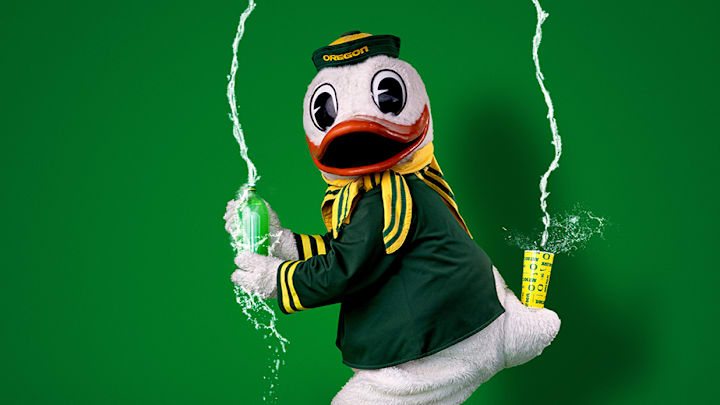 The Oregon Duck mascot recreates Kim Kardashian's iconic PAPER Interview cover for Oregon's game against Wisconsin.