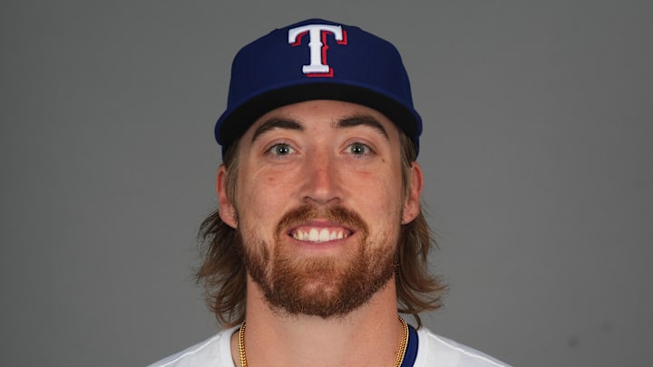 Feb 19, 2025; Surprise, AZ, USA; Texas Rangers pitcher Daniel Robert (57) poses for a photo during Media Day at Surprise Stadium. 