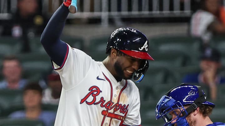 Sep 9, 2025; Cumberland, Georgia, USA; Atlanta Braves outfielder Jurickson Profar (7) gets hit in the foot with a ball while hitting against the Chicago Cubs during the eighth inning at Truist Park. Mandatory Credit: Jordan Godfree-Imagn Images Sep 9, 2025; Cumberland, Georgia, USA; Atlanta Braves outfielder Jurickson Profar (7) gets hit in the foot with a ball while hitting against the Chicago Cubs during the eighth inning at Truist Park. Mandatory Credit: Jordan Godfree-Imagn Images