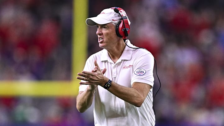 Houston Cougars head coach Willie Fritz reacts during the first half against the Louisiana State Tigers.
