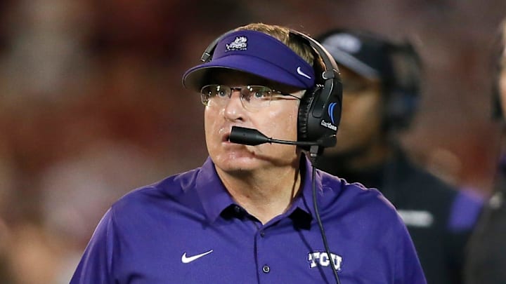 TCU coach Gary Patterson during a college football game between the University of Oklahoma Sooners (OU) and the TCU Horned Frogs at Gaylord Family-Oklahoma Memorial Stadium in Norman, Okla., Saturday, Oct. 16, 2021.  Oklahoma won 52-31.

Ou Vs Tcu