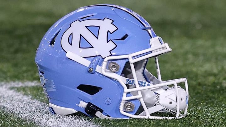 Oct 28, 2023; Atlanta, Georgia, USA; A detailed view of a North Carolina Tar Heels helmet on the field before a game against the Georgia Tech Yellow Jackets at Bobby Dodd Stadium at Hyundai Field. Mandatory Credit: Brett Davis-Imagn Images