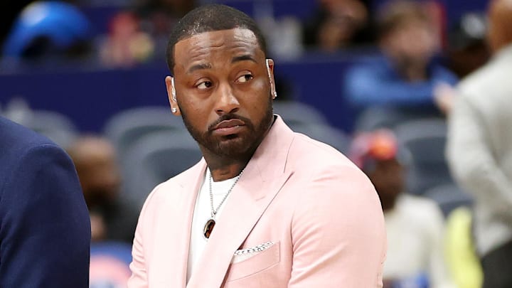 Jan 29, 2026; Washington, District of Columbia, USA; Former Washington Wizards guard John Wall looks on before a game against the Milwaukee Bucks at Capital One Arena. Mandatory Credit: Daniel Kucin Jr.-Imagn Images
