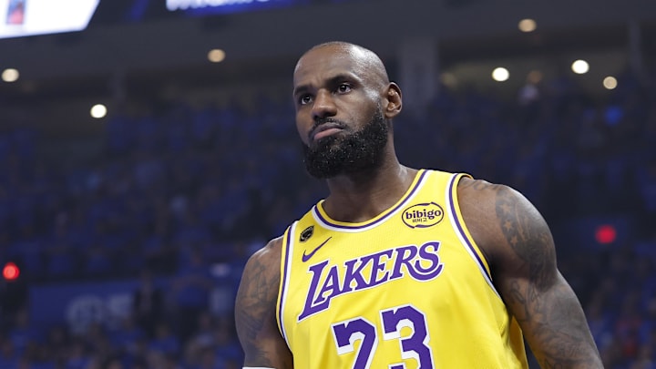  Los Angeles Lakers forward LeBron James looks towards his bench after a play