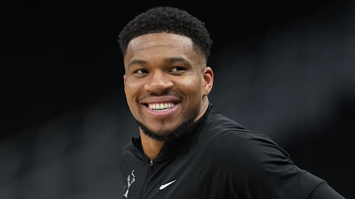 Apr 10, 2026; Milwaukee, Wisconsin, USA;  Milwaukee Bucks forward Giannis Antetokounmpo looks on during warmups prior to the game against the Brooklyn Nets at Fiserv Forum. Mandatory Credit: Jeff Hanisch-Imagn Images