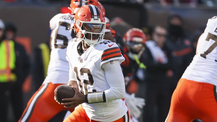 Jan 4, 2026; Cincinnati, Ohio, USA; Cleveland Browns quarterback Shedeur Sanders (12) drops back to pass against the Cincinnati Bengals during the second quarter at Paycor Stadium. Mandatory Credit: Joseph Maiorana-Imagn Images