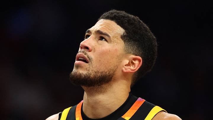Phoenix Suns guard Devin Booker (1) reacts after a play against the Oklahoma City Thunder during the first half at Footprint Center on April 9, 2025. Phoenix Suns guard Devin Booker (1) reacts after a play against the Oklahoma City Thunder during the first half at Footprint Center on April 9, 2025.
