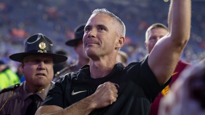 Florida State Seminoles head coach Mike Norvell gestures towards the crowd after the game against the Florida Gators at Steve Spurrier Field at Ben Hill Griffin Stadium in Gainesville, FL on Saturday, November 25, 2023. [Matt Pendleton/Gainesville Sun]