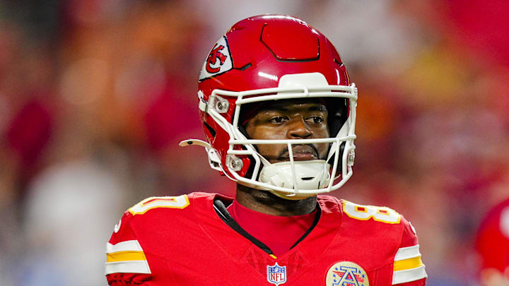Oct 12, 2025; Kansas City, Missouri, USA; Kansas City Chiefs wide receiver Tyquan Thornton (80) warms up prior to a game against the Detroit Lions at GEHA Field at Arrowhead Stadium. Mandatory Credit: Jay Biggerstaff-Imagn Images
