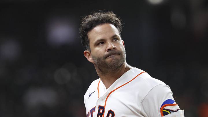 May 12, 2026; Houston, Texas, USA; Houston Astros second baseman Jose Altuve (27) reacts after batting during the eighth inning against the Seattle Mariners at Daikin Park. Mandatory Credit: Troy Taormina-Imagn Images