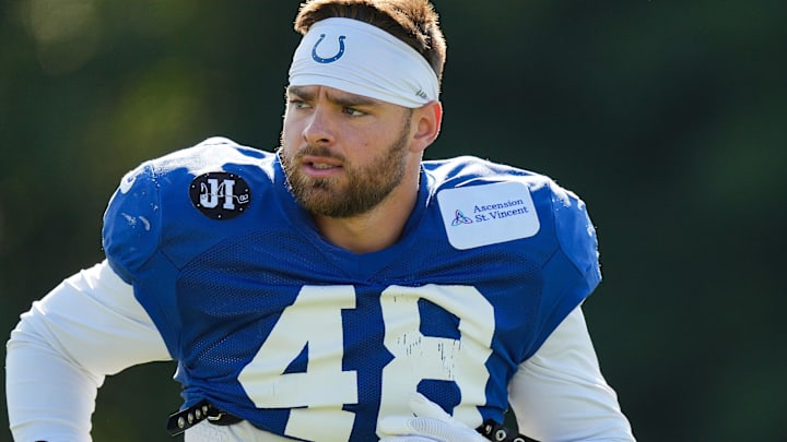 Former Indianapolis Colts linebacker Joe Bachie (48) jogs up the field during Indianapolis Colts Training Camp 
