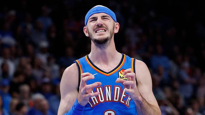 Mar 12, 2026; Oklahoma City, Oklahoma, USA; Oklahoma City Thunder guard Alex Caruso (9) reacts after a play against the Boston Celtics during the fourth quarter at Paycom Center. Mandatory Credit: Alonzo Adams-Imagn Images