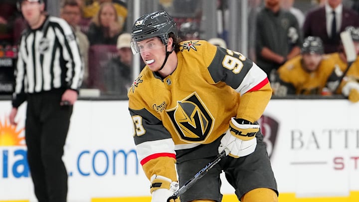 Jan 19, 2026; Las Vegas, Nevada, USA; Vegas Golden Knights right wing Mitch Marner (93) skates against the Philadelphia Flylers during the first period at T-Mobile Arena. Mandatory Credit: Stephen R. Sylvanie-Imagn Images