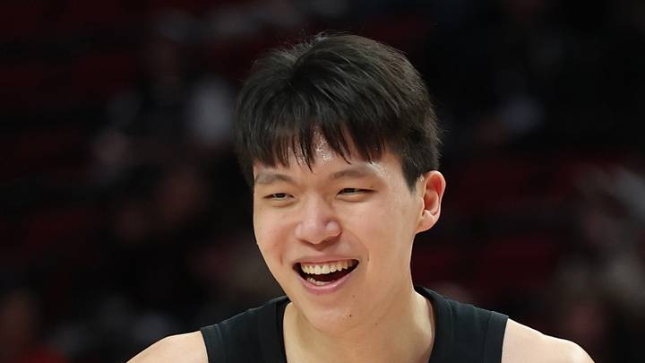 Portland Trail Blazers center Yang Hansen reacts after scoring against the Brooklyn Nets Portland Trail Blazers center Yang Hansen reacts after scoring against the Brooklyn Nets