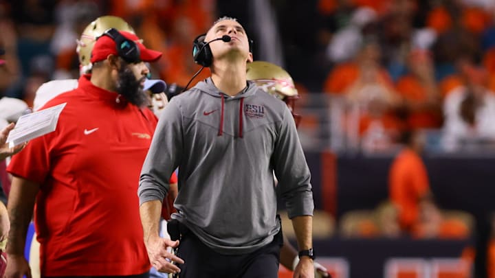 Oct 26, 2024; Miami Gardens, Florida, USA; Florida State Seminoles head coach Mike Norvell reacts from the sideline against the Miami Hurricanes during the fourth quarter at Hard Rock Stadium. Mandatory Credit: Sam Navarro-Imagn Images