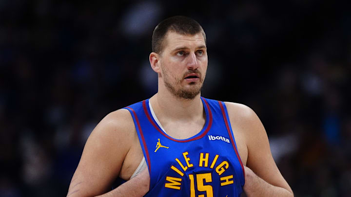 Feb 9, 2026; Denver, Colorado, USA; Denver Nuggets center Nikola Jokic (15) during the second quarter against the Cleveland Cavaliers at Ball Arena.