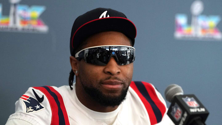Feb 5, 2026; Santa Clara, CA, USA; New England Patriots linebacker Anfernee Jennings (33) talks to media members at the Santa Clara Marriott. Mandatory Credit: Darren Yamashita-Imagn Images