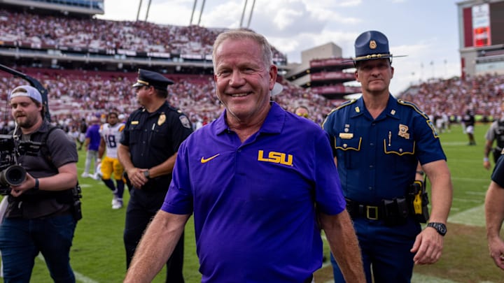 Sep 14, 2024; Columbia, South Carolina, USA; LSU Tigers head coach Brian Kelly smiles after defeating the South Carolina Gamecocks at Williams-Brice Stadium. Sep 14, 2024; Columbia, South Carolina, USA; LSU Tigers head coach Brian Kelly smiles after defeating the South Carolina Gamecocks at Williams-Brice Stadium.