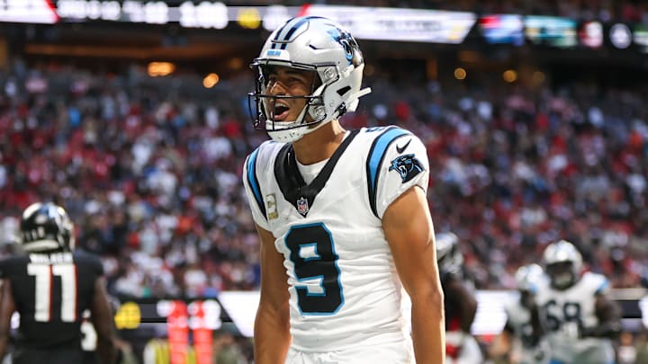 Nov 16, 2025; Atlanta, Georgia, USA; Carolina Panthers quarterback Bryce Young (9) reacts to a touchdown in the fourth quarter against the Atlanta Falcons at Mercedes-Benz Stadium. Mandatory Credit: Brett Davis-Imagn Images