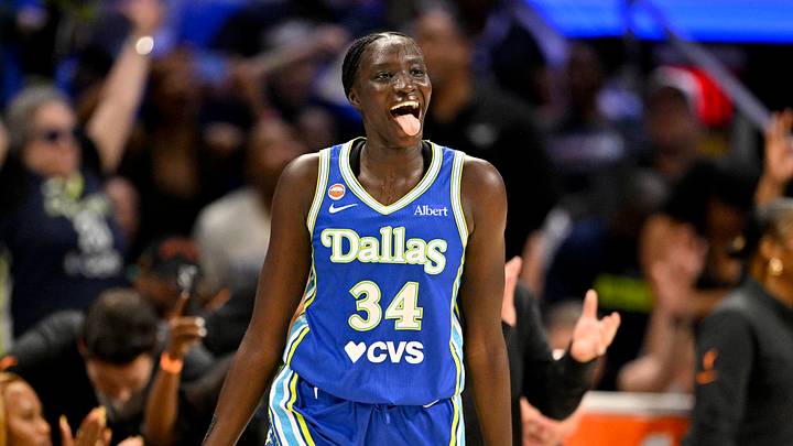 May 28, 2026; Arlington, Texas, USA; Dallas Wings forward Awak Kuier (34) celebrates after she makes a three point basket against the Las Vegas Aces during the second half at College Park Center. Mandatory Credit: Jerome Miron-Imagn Images