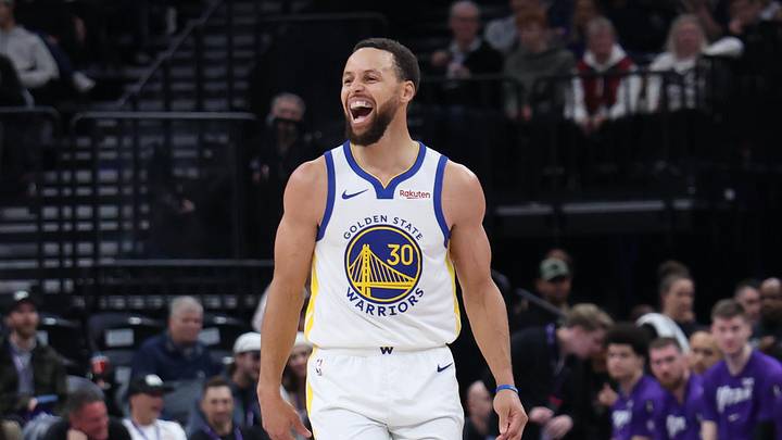 Jan 28, 2026; Salt Lake City, Utah, USA; Golden State Warriors guard Stephen Curry (30) reacts after a shot against the Utah Jazz during the second half at Delta Center. Mandatory Credit: Rob Gray-Imagn Images