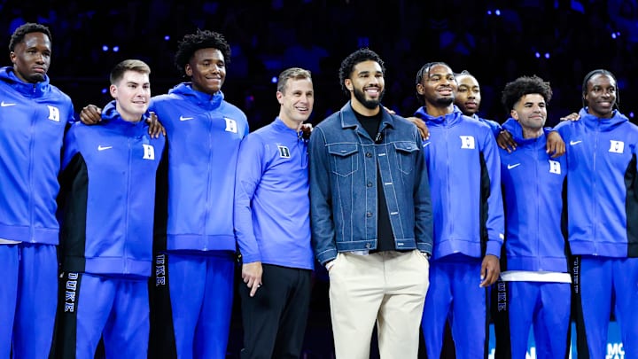 Oct 3, 2025; Durham, NC, USA; Jayson Tatum, NBA Boston Celtics Player helps coach alongside Duke Blue Devils head coach Jon Scheyer during the Countdown to Craziness at the Cameron Indoor Stadium. Mandatory Credit: Jaylynn Nash-Imagn Images Oct 3, 2025; Durham, NC, USA; Jayson Tatum, NBA Boston Celtics Player helps coach alongside Duke Blue Devils head coach Jon Scheyer during the Countdown to Craziness at the Cameron Indoor Stadium. Mandatory Credit: Jaylynn Nash-Imagn Images