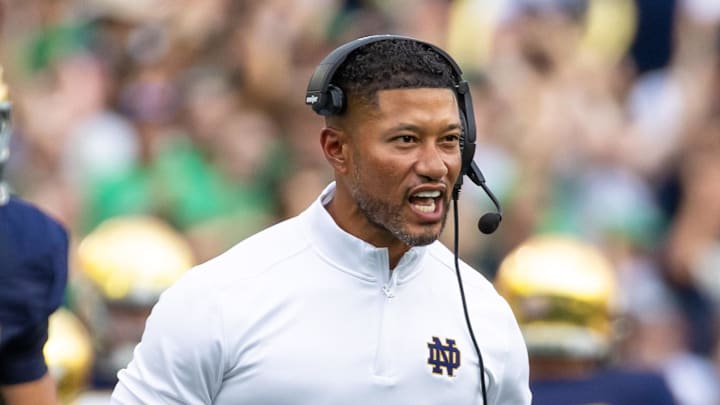 Sep 20, 2025; South Bend, Indiana, USA; Notre Dame Fighting Irish head coach Marcus Freeman celebrates a turnover by the defense against the Purdue Boilermakers during the first half at Notre Dame Stadium. Sep 20, 2025; South Bend, Indiana, USA; Notre Dame Fighting Irish head coach Marcus Freeman celebrates a turnover by the defense against the Purdue Boilermakers during the first half at Notre Dame Stadium.
