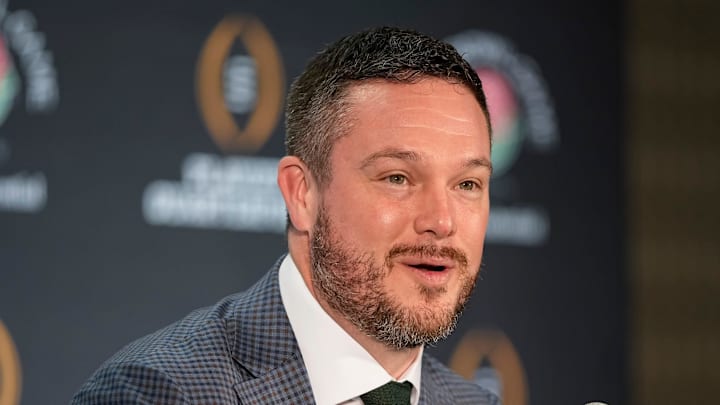Oregon Ducks head coach Dan Lanning speaks during a Rose Bowl press conference in Los Angeles on Dec. 31, 2024. Oregon Ducks head coach Dan Lanning speaks during a Rose Bowl press conference in Los Angeles on Dec. 31, 2024.