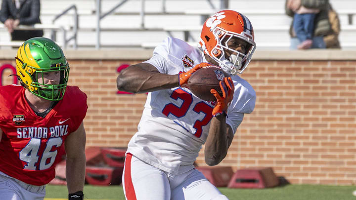 Jan 29, 2026; Mobile, AL, USA; National running back Adam Randall (23) of Clemson grabs a pass during National Senior Bowl practice at Hancock Whitney Stadium. Mandatory Credit: Vasha Hunt-Imagn Images