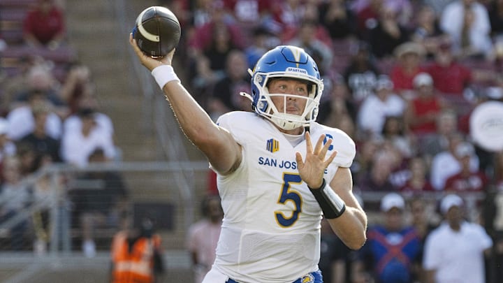Sep 27, 2025; Stanford, California, USA;  San Jose State Spartans quarterback Walker Eget (5) throws the football during the first quarter against the Stanford Cardinal at Stanford Stadium. Mandatory Credit: Stan Szeto-Imagn Images

