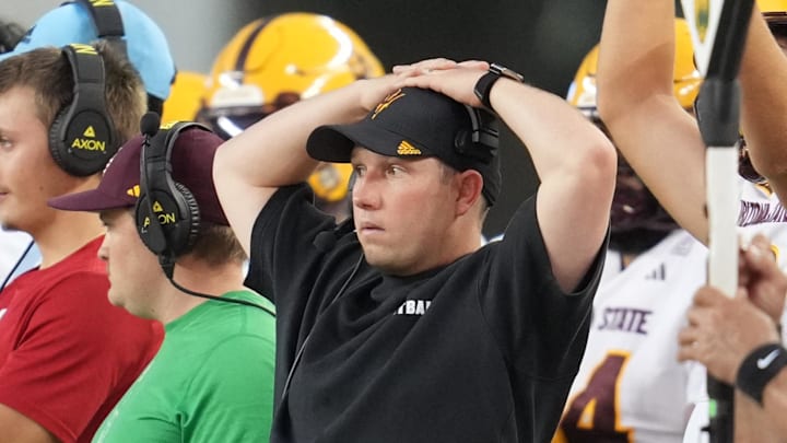 Sep 20, 2025; Waco, Texas, USA; Arizona State Sun Devils head coach Kenny Dillingham reacts on the sideline against the Baylor Bears during the first half at McLane Stadium. Mandatory Credit: Chris Jones-Imagn Images