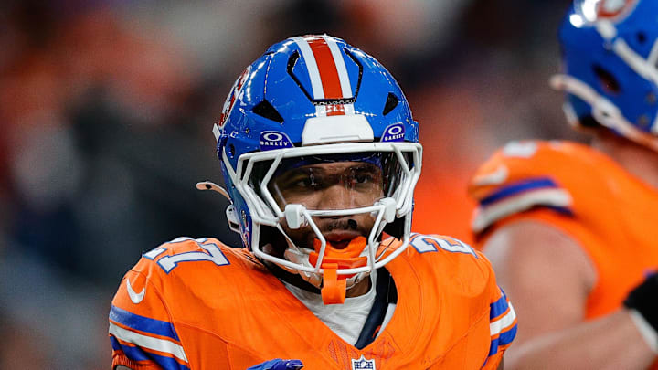 Nov 6, 2025; Denver, Colorado, USA; Denver Broncos running back J.K. Dobbins (27) in the fourth quarter against the Las Vegas Raiders at Empower Field at Mile High. Mandatory Credit: Isaiah J. Downing-Imagn Images